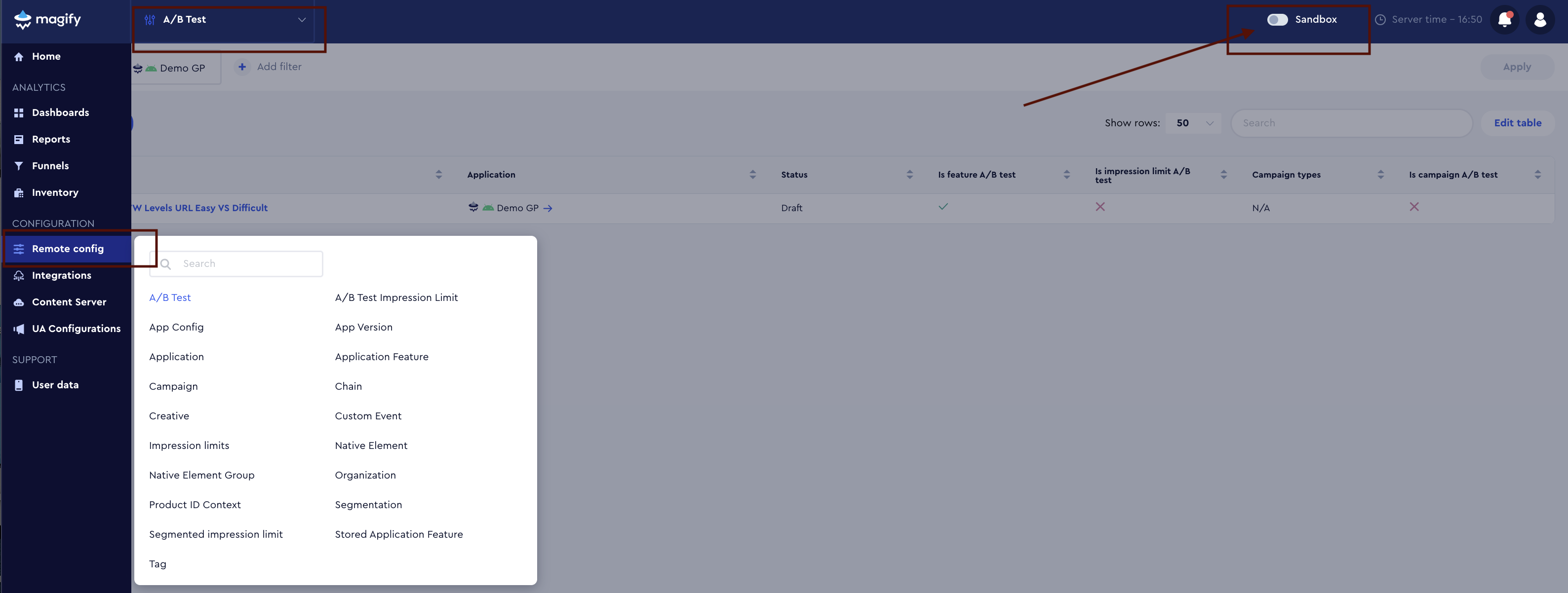 Sandbox toggle location