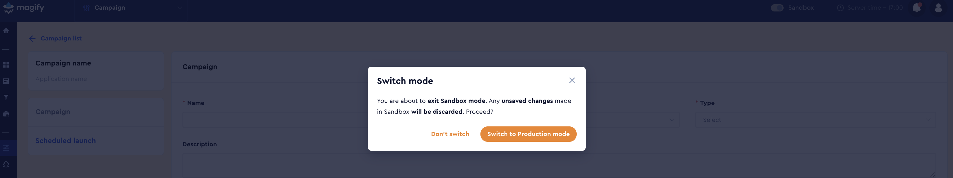 Switch to Production confirmation