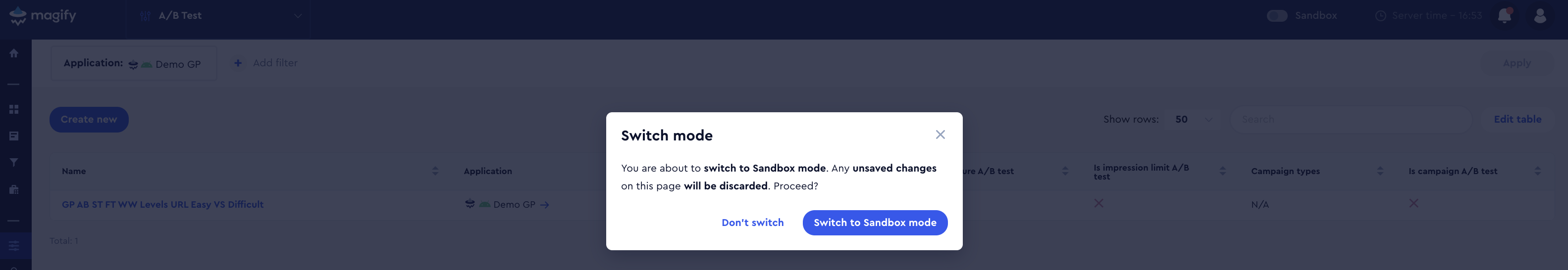 Switch to Sandbox confirmation